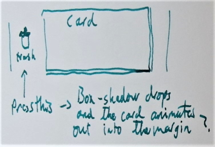 Quick sketch of trash button in the sidebar next to a card. Shows that the idea is that the card would animate out into the margin when the button is pressed
